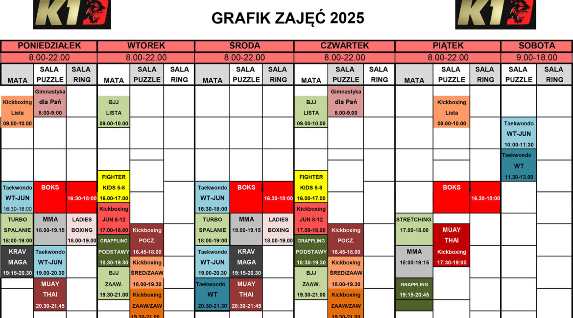 Grafik zajęć w klubie sportów walki K1 Fighting Center 2025