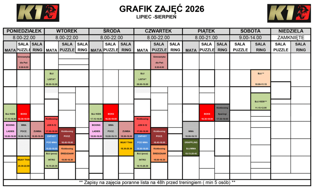 Grafik zajęć w klubie sportów walki K1 Fighting Center 2026