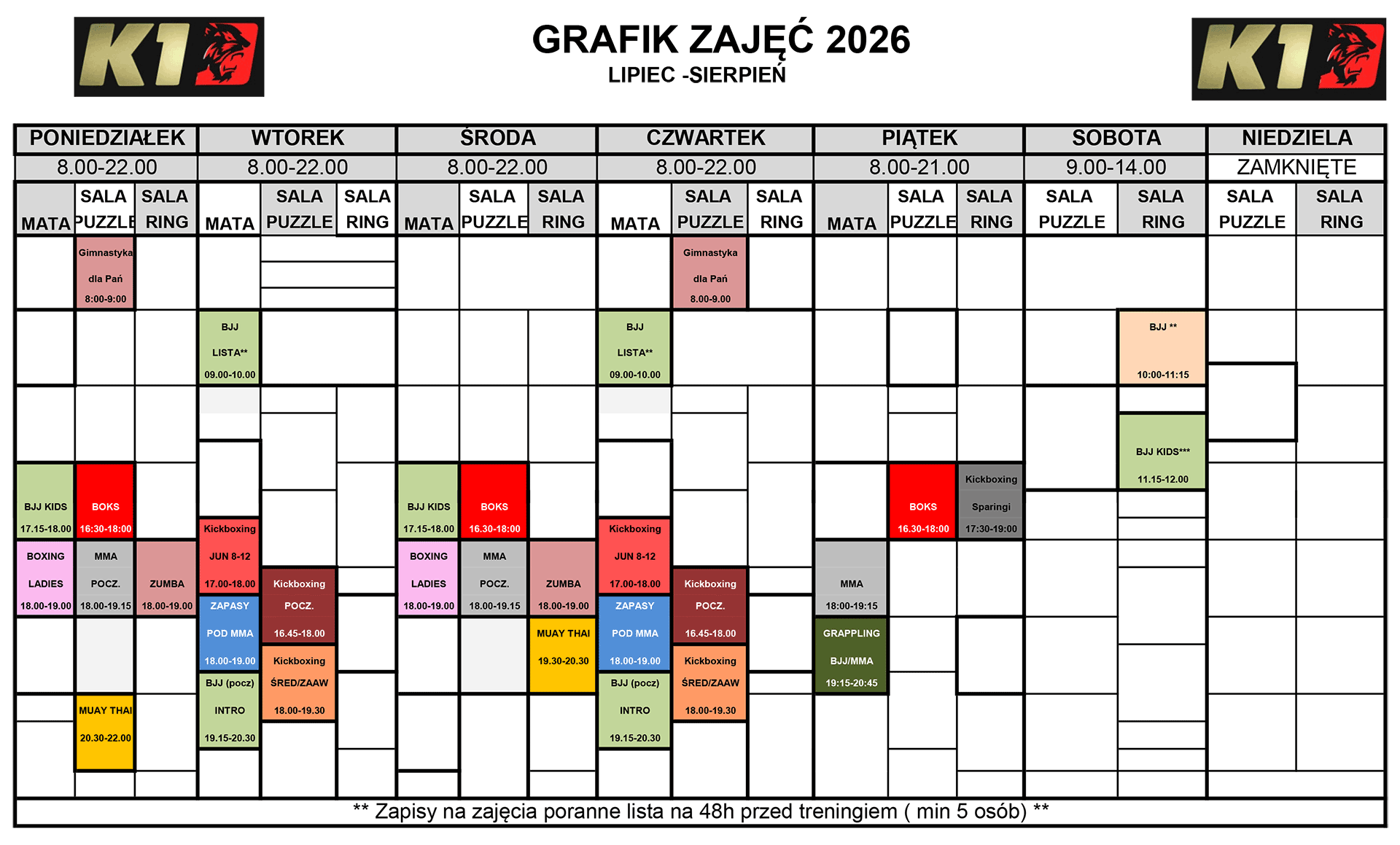Grafik wakacyjny w Klubie sportów walki K1 Fighting Center