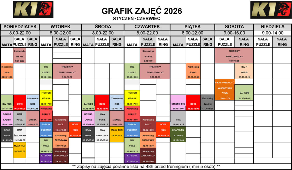 Grafik zajęć w klubie sportów walki K1 Fighting Center 2026